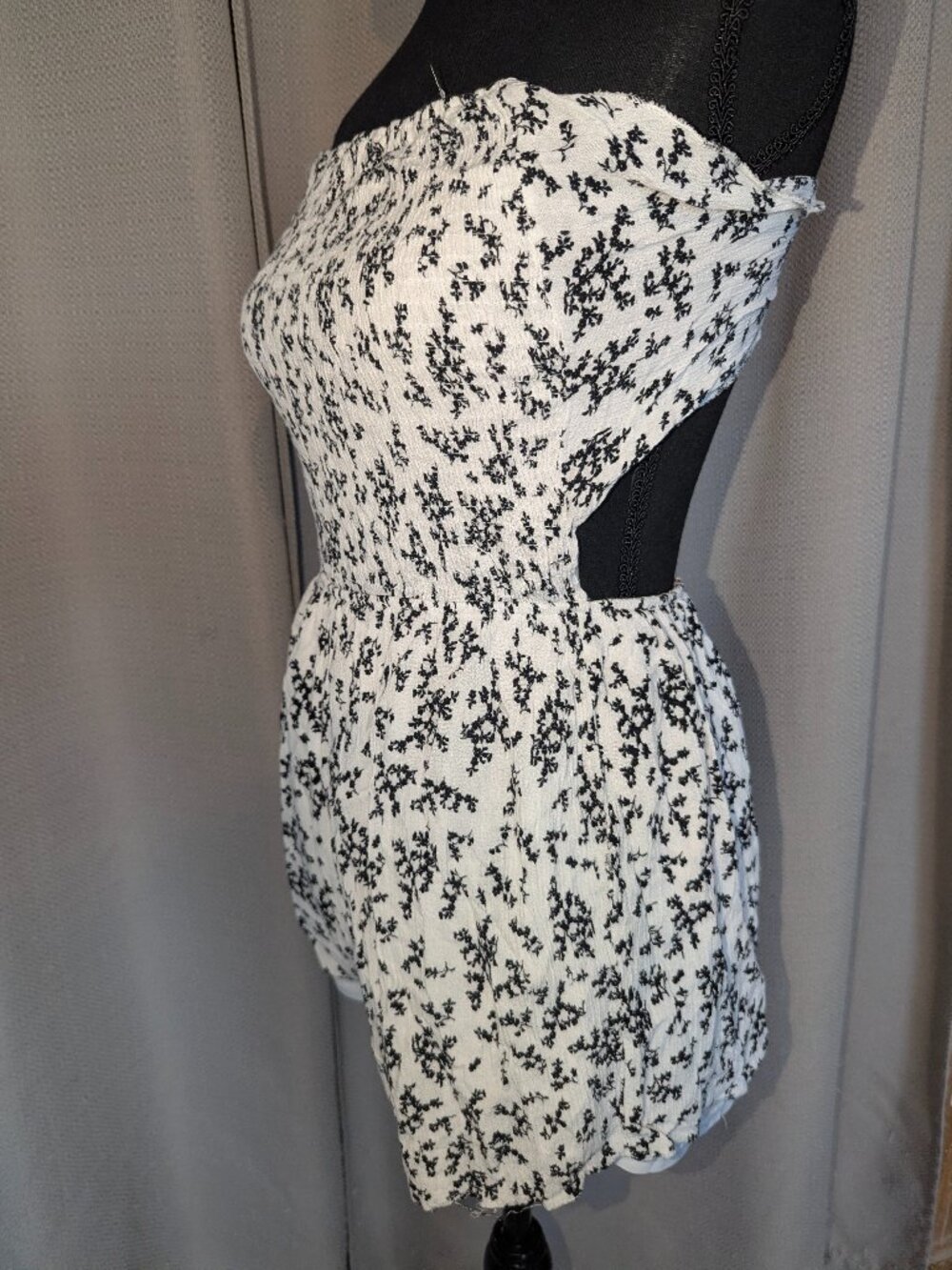 White and Black Floral Strapless Mini Dress